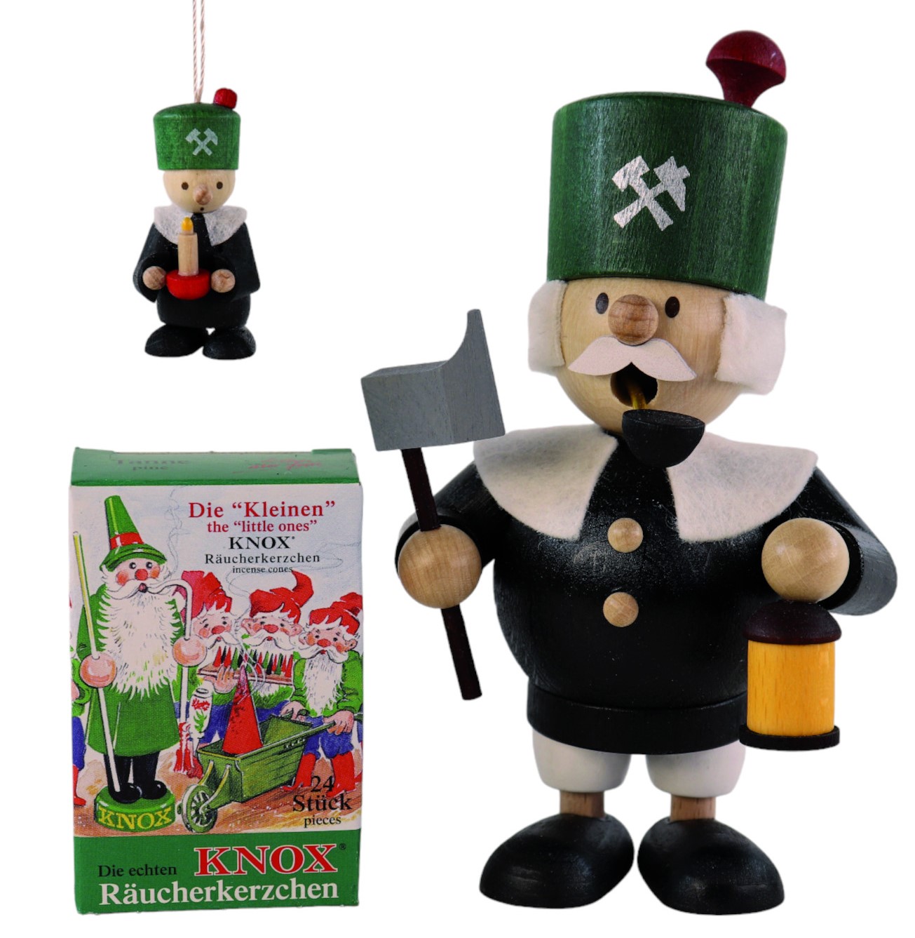 Geschenkset Mini-Räuchermann Bergmann 12,5cm groß+1 Baumbehang+1 Pack Mini Räucherkerzen