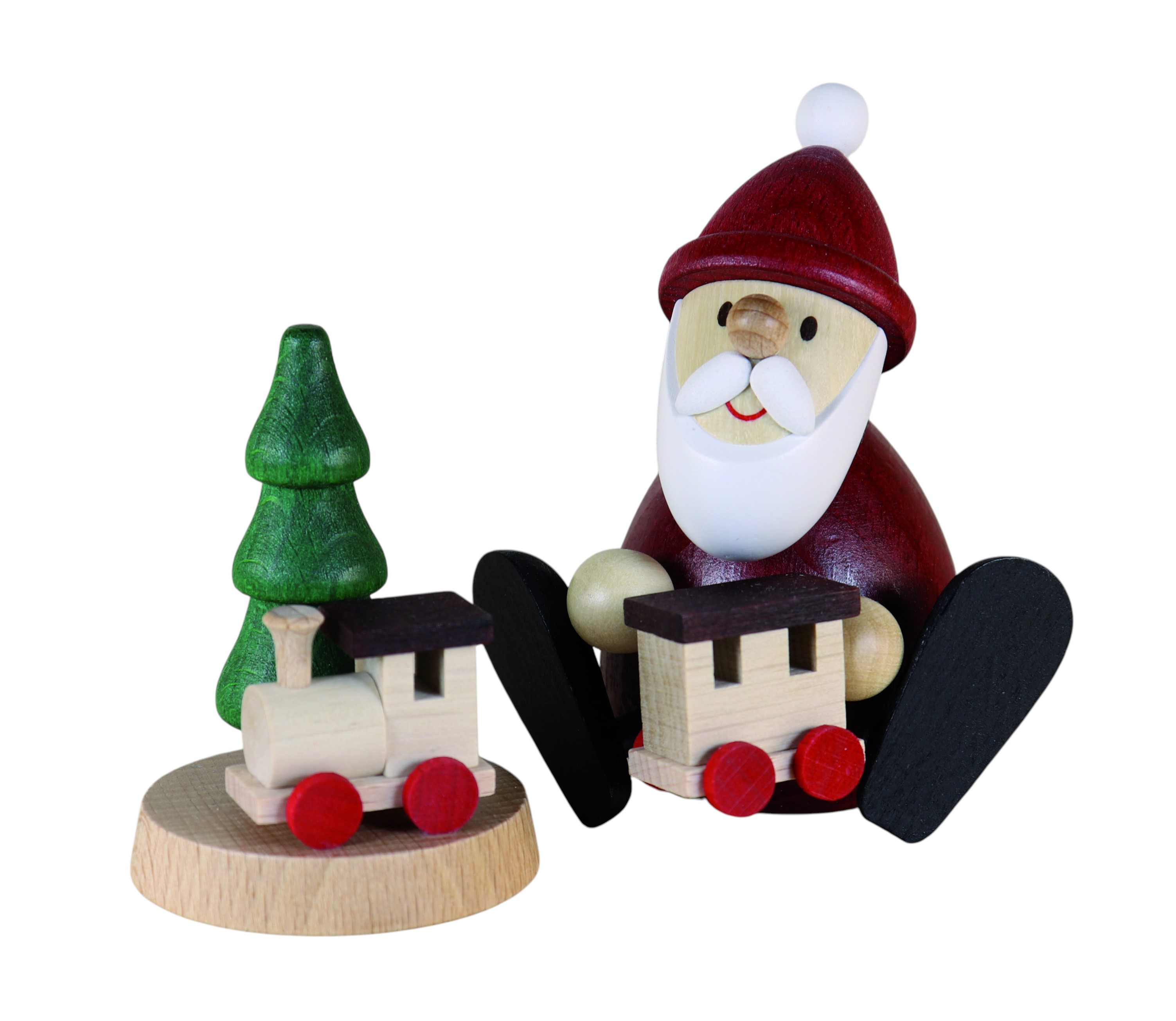 Weihnachtsmann mit Eisenbahn H 8,5 cm und Baum mit Lok H 6,0 cm