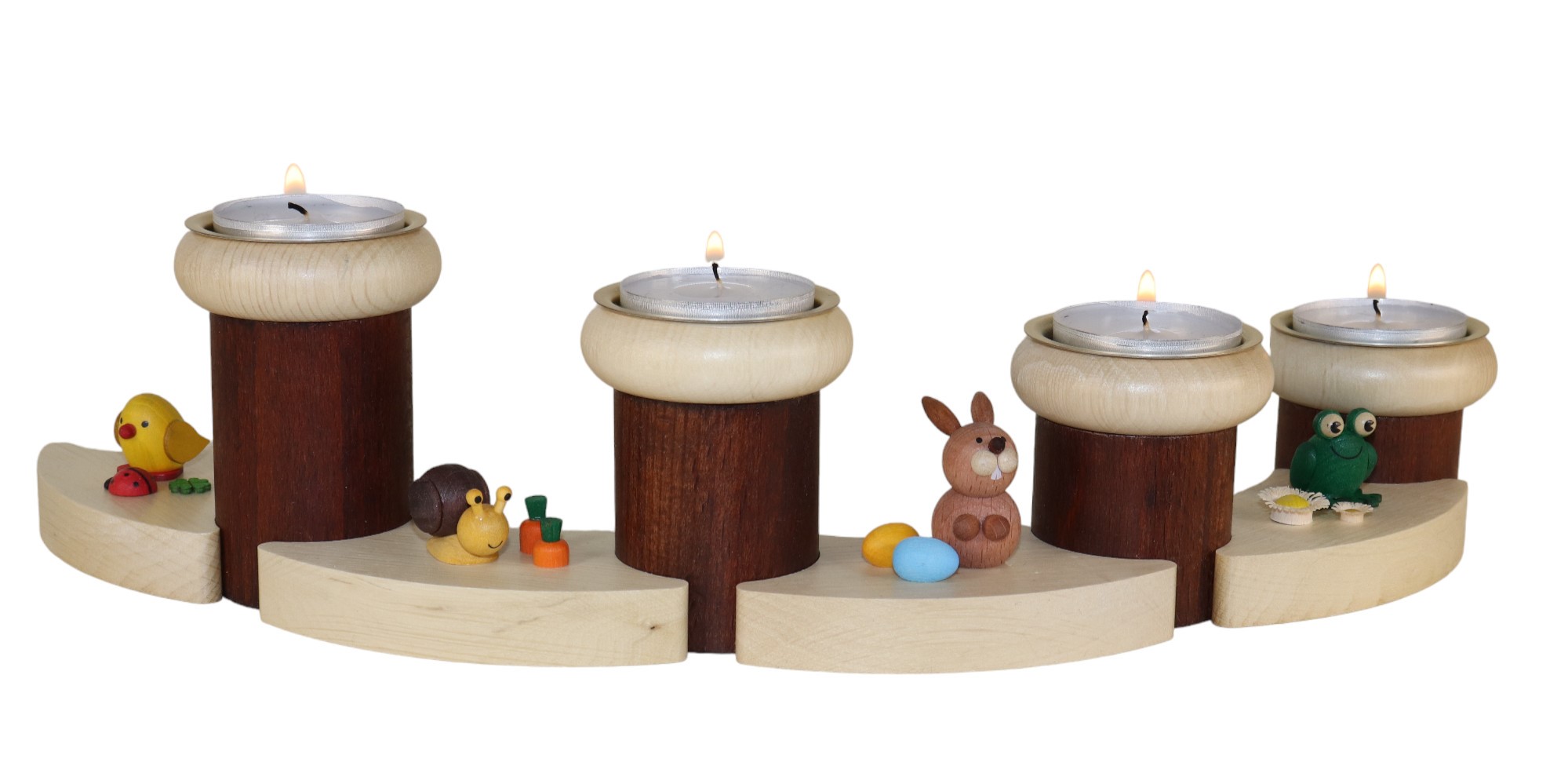 Osterkranz-Teelichthalter aus Holz 8-teilig mit Hase, Schnecke, Küken & Frosch für 4 Teelichte.