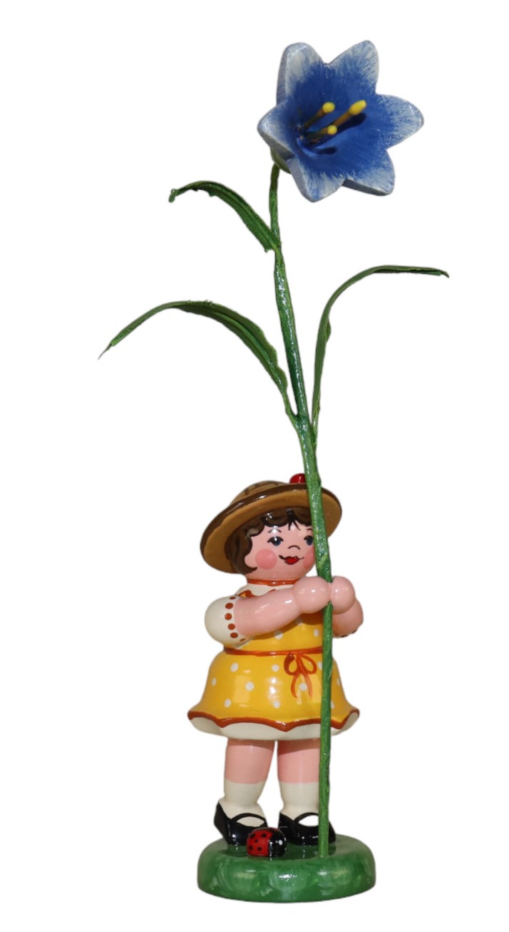 Dekofigur aus Holz, Blumenmädchen mit Blauglöckchen in der Hand!