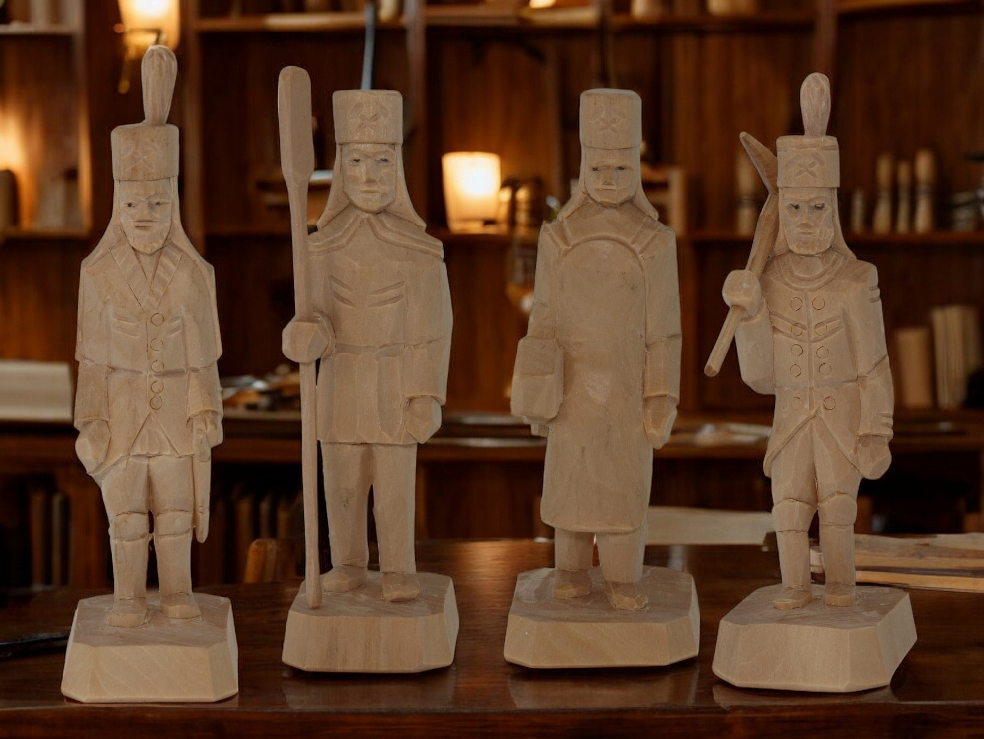 Vier Bergmänner aus Holz, geschnitzt und nach traditioneller Bauart hergestellt.