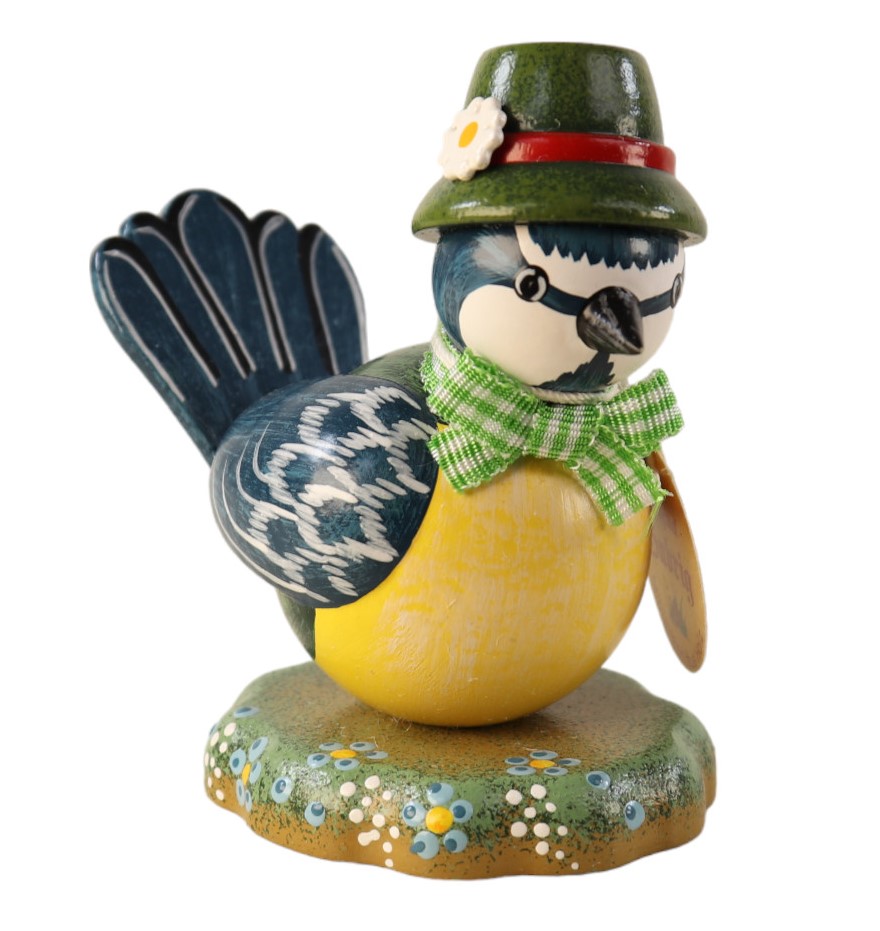 Kleine Dekofigur zum Hinstellen, handbemalt als Blaumeise.