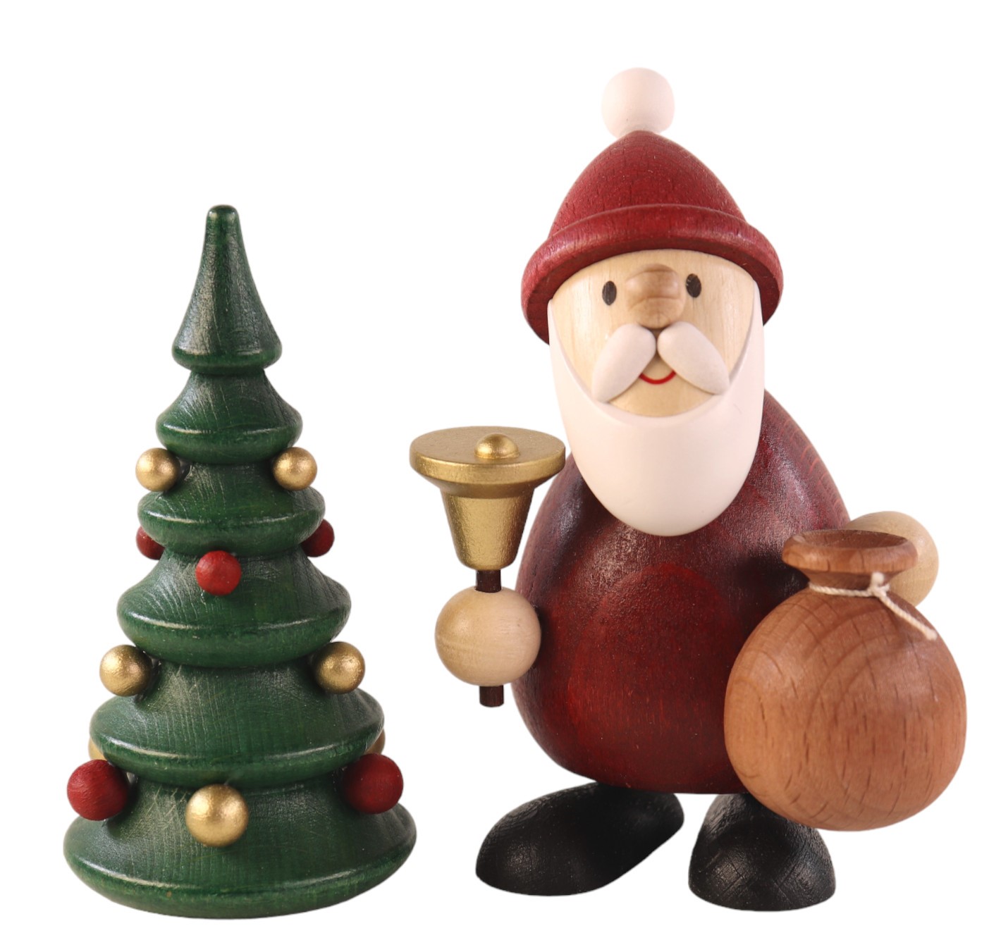 Weihnachtsmann modern stehend mit Glocke, Sack H 9,5cm & Weihnachtsbaum farbig H 8,0cm