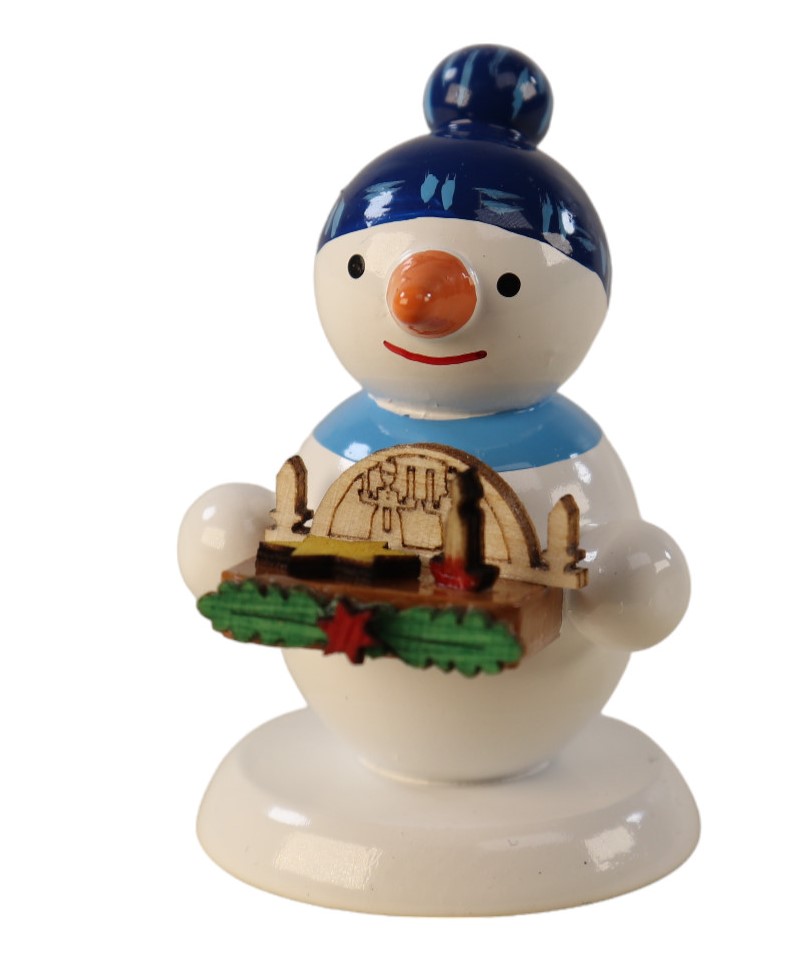 Schneemannfigur stehend mit Bauchladen Schwibbogen, blaue Mütze