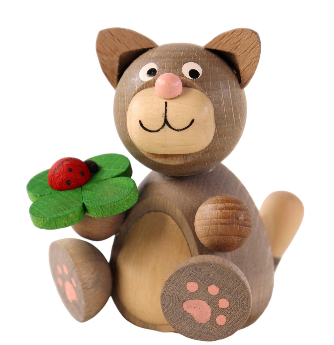 Tisch-Schmuck Katze mit Kleeblatt in der Hand.