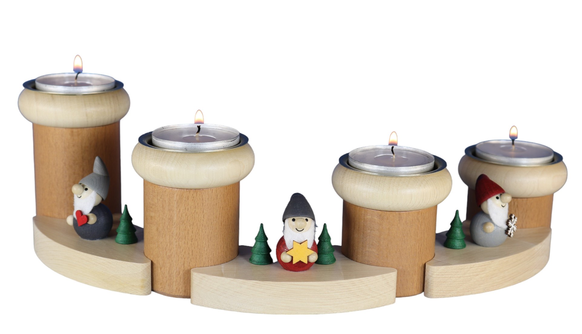 Adventsteelichthalter aus Holz mit Wichteln.