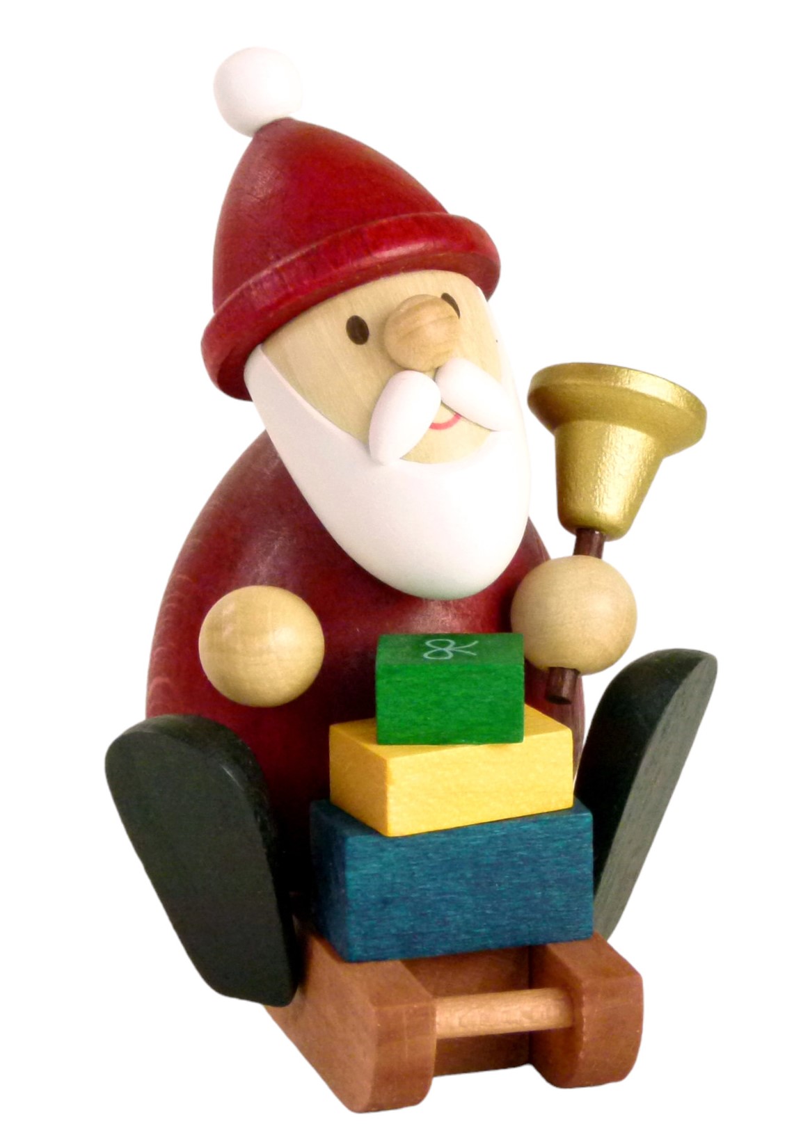 Holzfigur Weihnachtsmann in moderner Bauart mit Geschenken und Glocke.