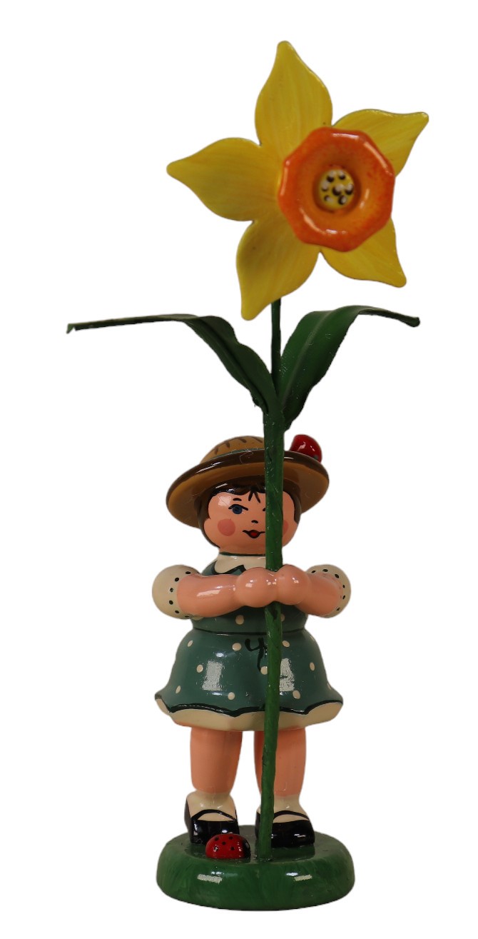 Bunte, handbemalte Dekofigur aus Holz; Mädchen mit der Blume "Narzisse" in der Hand.