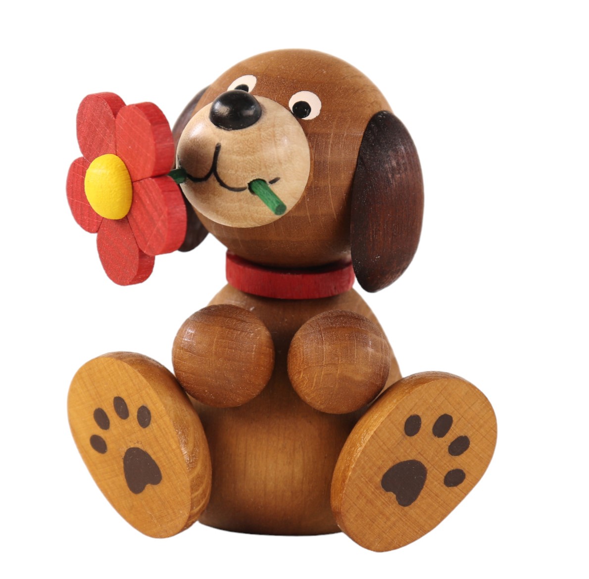 Erzgebirgische Volkskunst Holzfigur "Hund mit Blume im Mund".