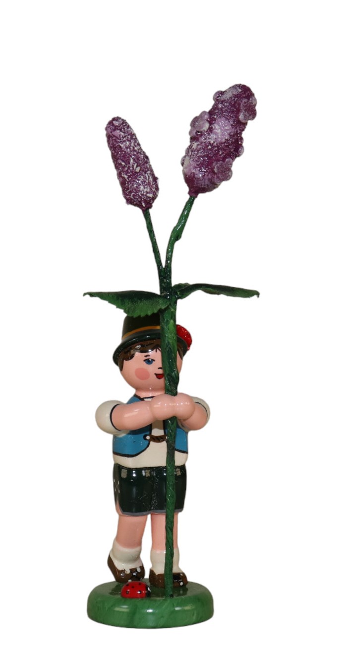 Figur aus Holz, handbemalt, Junge mit Fliederzweig in der Hand zum Hinstellen.